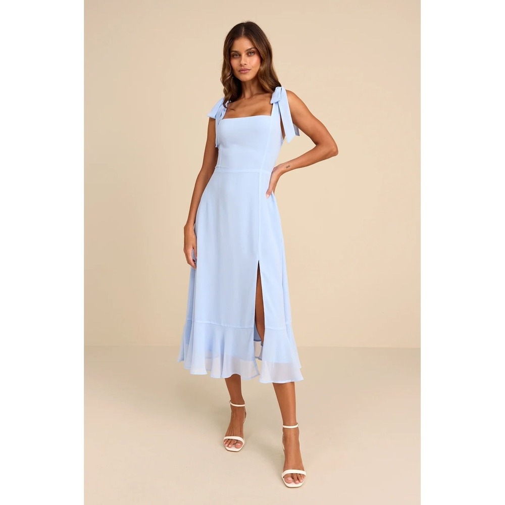 Lulus NWT Summer Invite Light Blue Tie-Strap Tiered Midi Dress - Size Medium